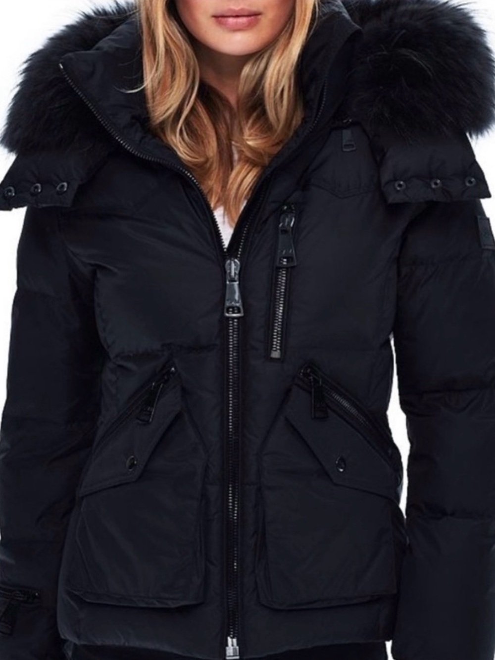 SAM Black Women's Puffer Jacket with Faux Fur Hood